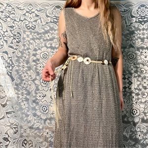 Village Set Rare Vintage Pewter Metallic Crochet V-Neck Maxi Dress